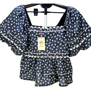 Women's Entro NWT Large Navy Floral Milkmaid Puff Sleeve Top Tiered Cottagecore